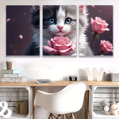 3pcs Black And White Cat With Rose   Wall Art Set Canvas Framed 60x90cm - High Quality Print 100% Australian Made Wall Canvas Ready to Hang - Bella Home Decor