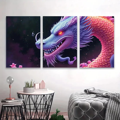 3pcs Vibrant Dragon Artwork Wall Art Set Canvas Framed 60x90cm - High Quality Print 100% Australian Made Wall Canvas Ready to Hang