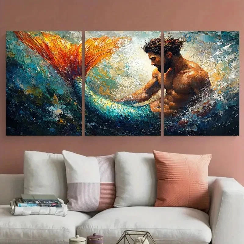 3pcs Mermaid Male Body Fairy Tale Impasto Design Metal Print Ready to Hang Art