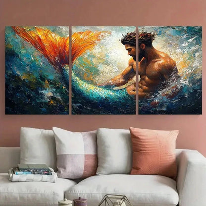 3pcs Mermaid Male Body Fairy Tale Impasto Design Metal Print Ready to Hang Art