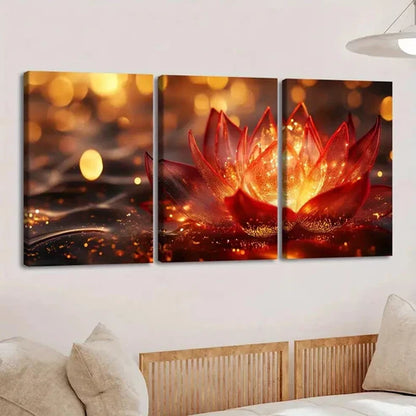 3pcs Vibrant Lotus Flower Paint Golden Hues Gold Wall Art Set Canvas Unframed - High Quality Print 100% Australian Made Wall Canvas