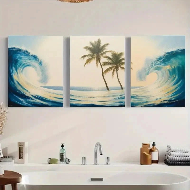 3pcs Ocean Wave & Palm Tree Canvas  Wall Art Set Canvas Framed 60x90cm - High Quality Print 100% Australian Made Wall Canvas Ready to Hang