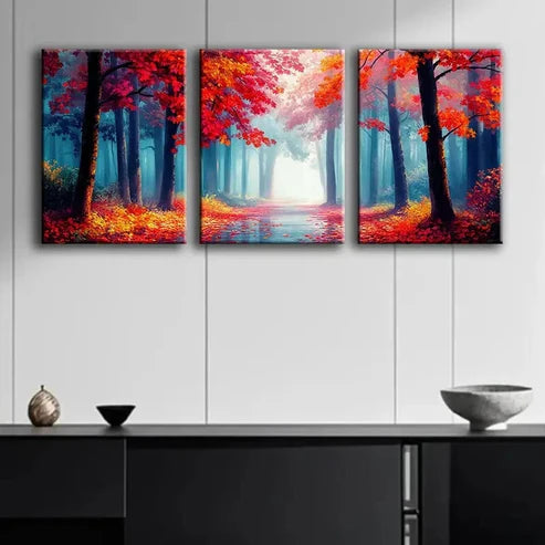 3pcs Autumn Forest Red Nature Beauty Perfect Wall Art Set Canvas Unframed - High Quality Print 100% Australian Made Wall Canvas - Bella Home Decor