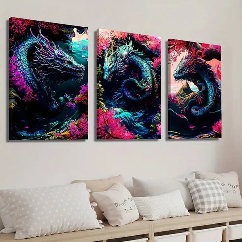 3pcs Fantasy Animal Dragon Illustration Wall Art Set Canvas Unframed - High Quality Print 100% Australian Made Wall Canvas