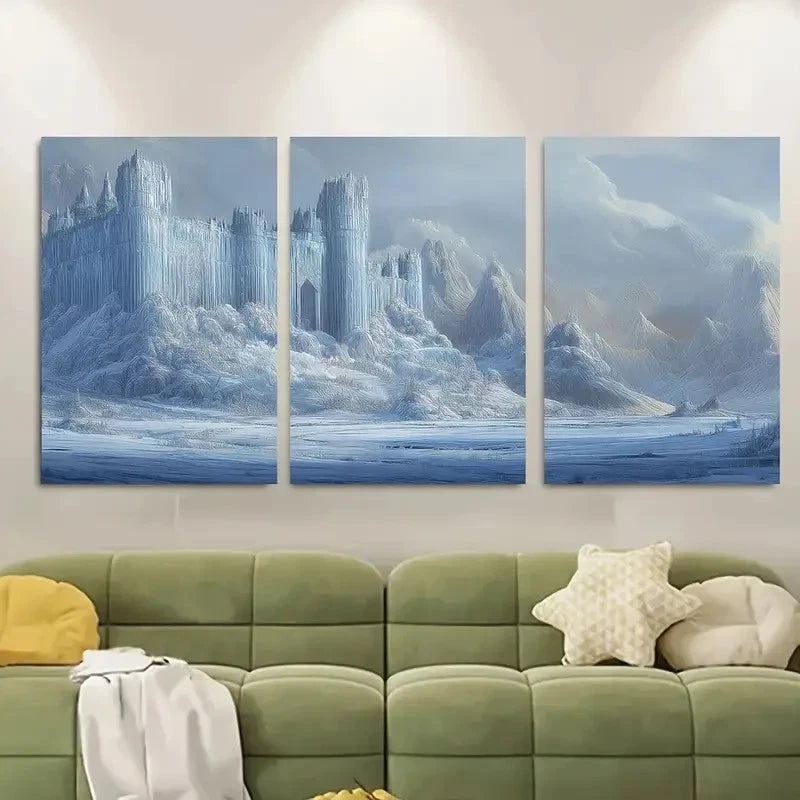 3pcs Snowy Castle Scene with Intricate Frosted Metal Print Ready to Hang Art