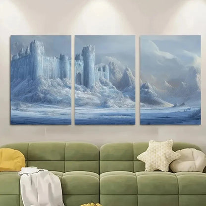 3pcs Snowy Castle Scene with Intricate Frosted Metal Print Ready to Hang Art