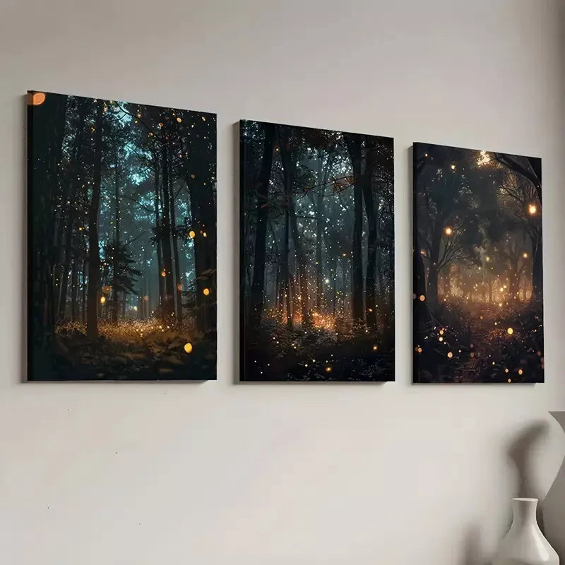3pcs Decorative Enchanting Forest Firefly Scene Art Set Canvas Framed 50x70cm - High Quality Print 100% Australian Made Wall Canvas Ready to Hang