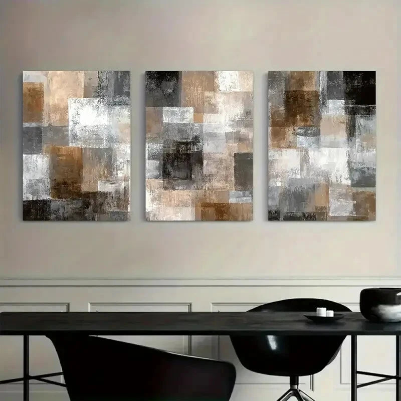3pcs Abstract Light Brown White and Grey Squares Metal Print Ready to Hang Art - Bella Home Decor