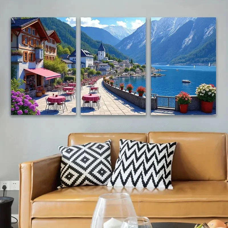 3pcs Coastal Town And Mountain Lake View Wall Art Set Canvas Framed 50x70cm - High Quality Print 100% Australian Made Wall Canvas Ready to Hang - Bella Home Decor