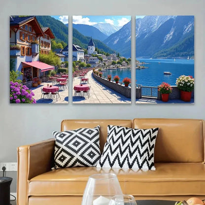 3pcs Coastal Town And Mountain Lake View Wall Art Set Canvas Framed 50x70cm - High Quality Print 100% Australian Made Wall Canvas Ready to Hang - Bella Home Decor
