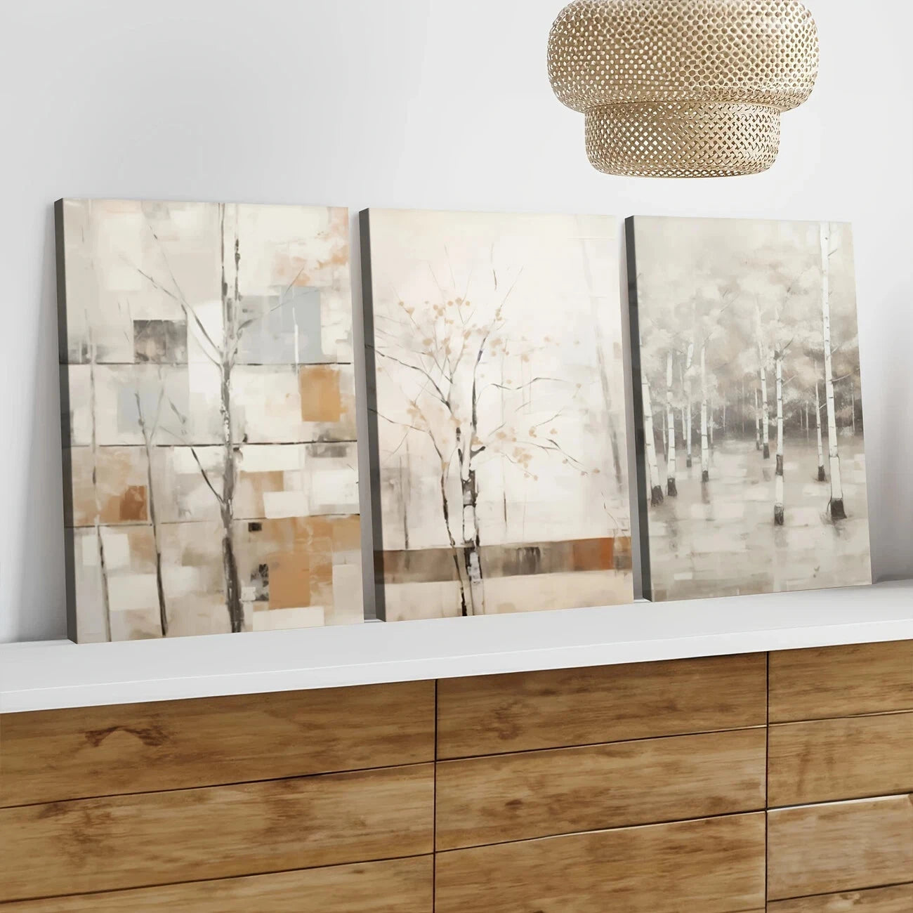 3pcs Nature Autumn Modern Gray Trees White Brown Wall Art Set Canvas Framed 50x70cm - High Quality Print 100% Australian Made Wall Canvas Ready to Hang