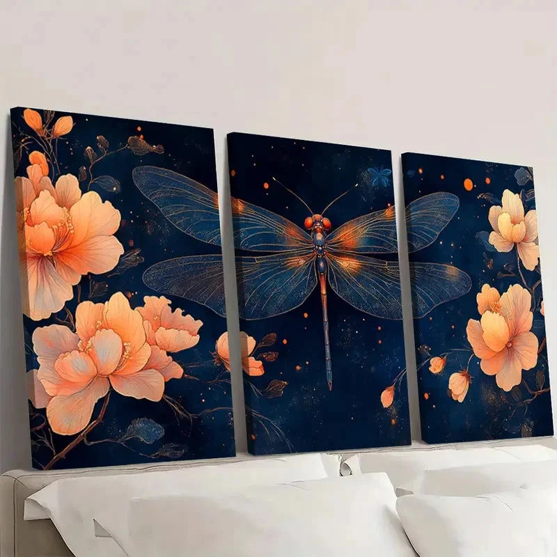 3pcs Dragonfly & Floral Japanese Ukiyo-e Style Wall Art Set Canvas Framed 50x70cm - High Quality Print 100% Australian Made Wall Canvas Ready to Hang - Bella Home Decor