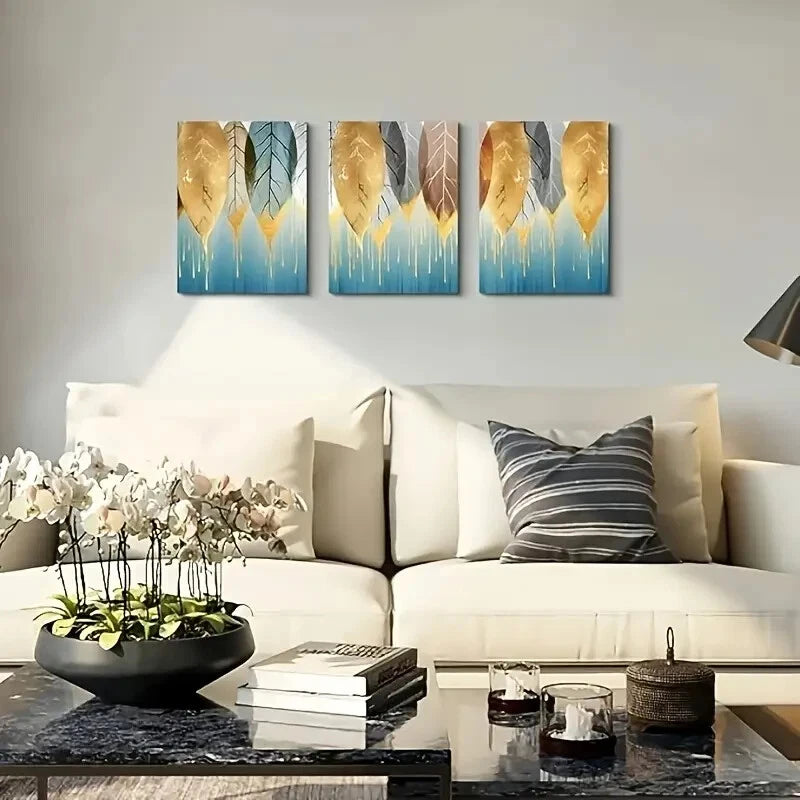 3pcs Golden Leaves Abstract Paintings Metal Print Ready to Hang Art