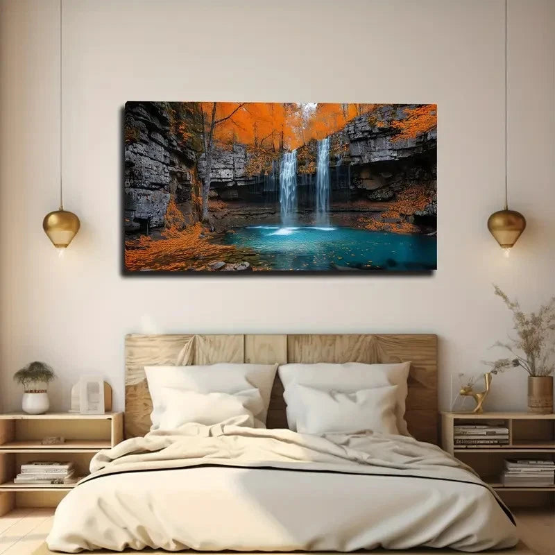 Autumn Waterfall Cliff Wall Art Canvas Office Home Room Framed 120x60cm