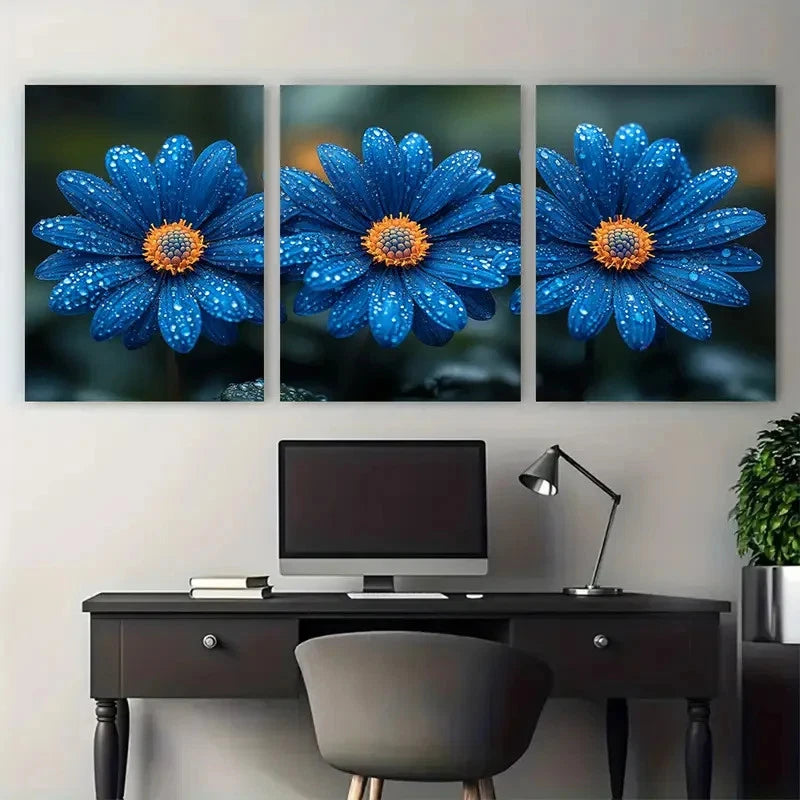 3pcs Blue Daisy Flowers Illustration Metal Print Ready to Hang Art - Bella Home Decor