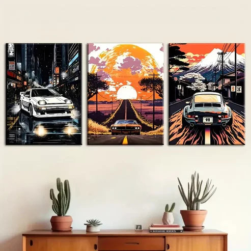 3pcs Cartoon Cars, Mountain Scenery, and City Wall Art Canvas Unframed - High Quality Print 100% Australian Made Wall Canvas - Bella Home Decor