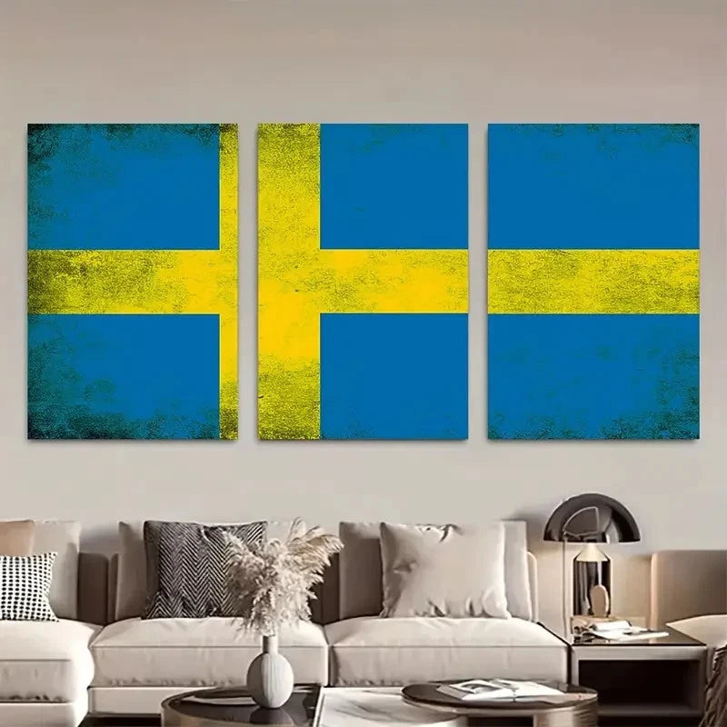3pcs Distressed Swedish Flag Paintings Metal Print Ready to Hang Art - Bella Home Decor