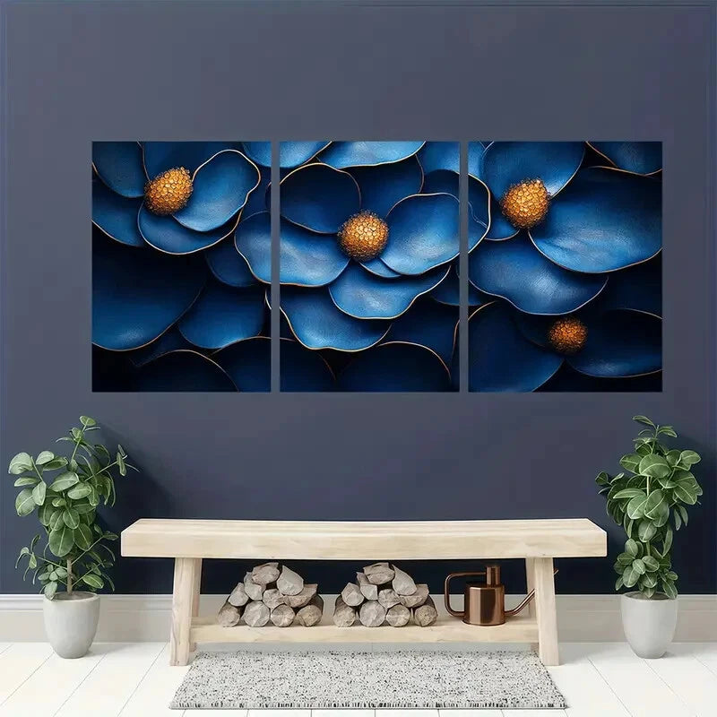 3pcs Design in Indigo & Honeycomb Tones Metal Print Ready to Hang Art - Bella Home Decor