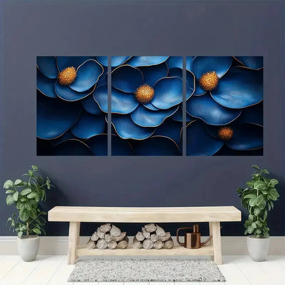 3pcs Design in Indigo & Honeycomb Tones Metal Print Ready to Hang Art - Bella Home Decor