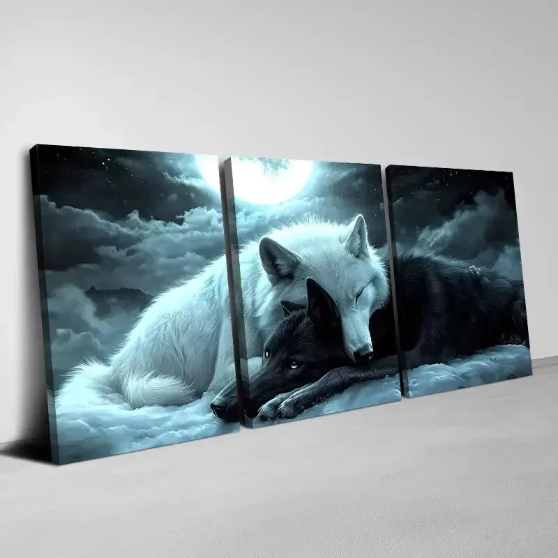 3pcs Stunning Black and White Wolf Moon Design Art Set Canvas Framed 50x70cm - High Quality Print 100% Australian Made Wall Canvas Ready to Hang