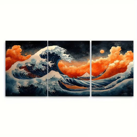 3pcs Watercolor Japanese Wave Pattern Metal Print Ready to Hang Art
