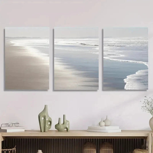 3pcs Beach Scenery with Ocean Waves & Sandy Shore Metal Print Ready to Hang Art