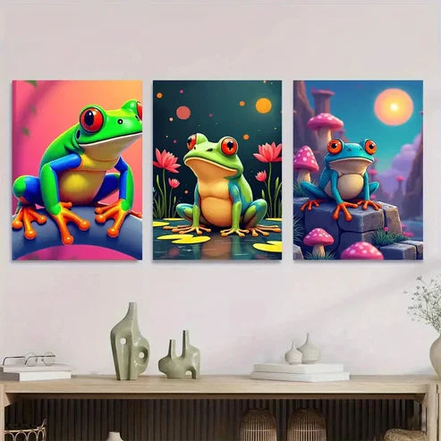 3pcs Colorful Frog Vibrant And Fun Picture Wall Art Set Canvas Unframed - High Quality Print 100% Australian Made Wall Canvas - Bella Home Decor