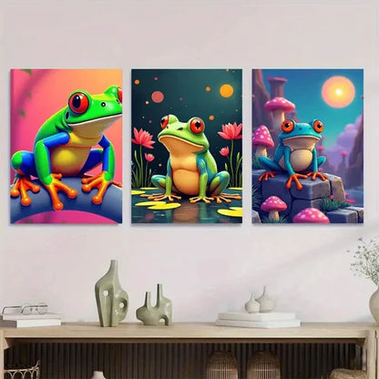3pcs Colorful Frog Vibrant And Fun Picture Wall Art Set Canvas Unframed - High Quality Print 100% Australian Made Wall Canvas - Bella Home Decor