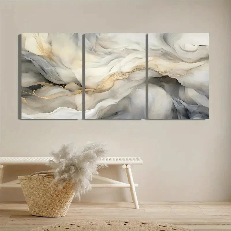 3pcs Abstract Marble Beige Gray White Metal Print Ready to Hang Art - Bella Home Decor