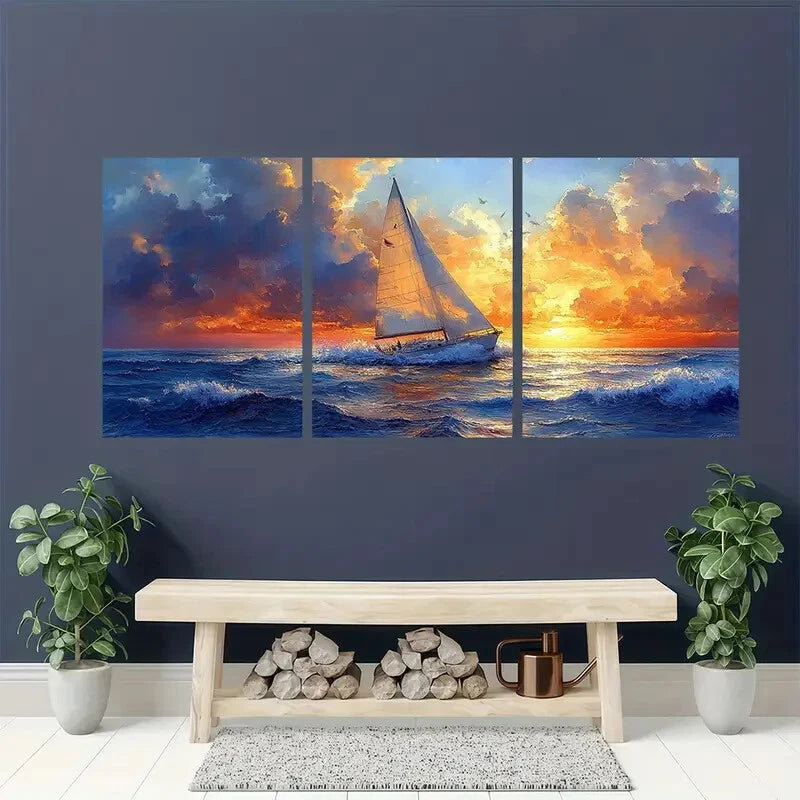 3pcs Vibrant Sunset Seascape Nautical Sailboat Metal Print Ready to Hang Art - Bella Home Decor