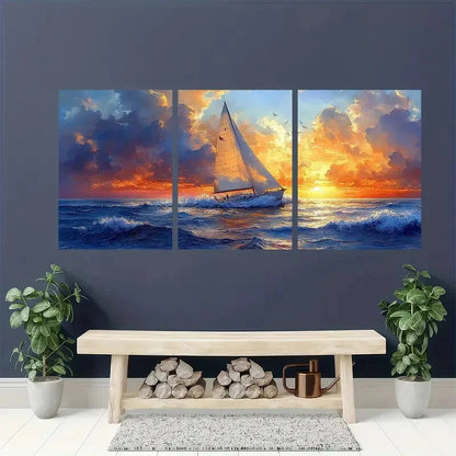 3pcs Vibrant Sunset Seascape Nautical Sailboat Metal Print Ready to Hang Art - Bella Home Decor