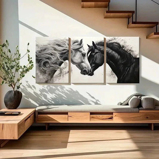 3pcs Black & White Horses Love Abstract Horses Wall Art Set Canvas Framed 50x70cm - High Quality Print 100% Australian Made Wall Canvas Ready to Hang