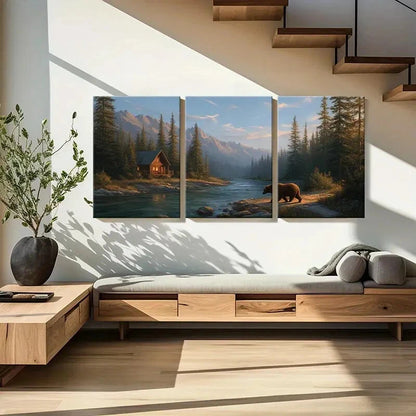 3pcs Mountain Cabin Bear Forest River Landscape Metal Print Ready to Hang Art - Bella Home Decor
