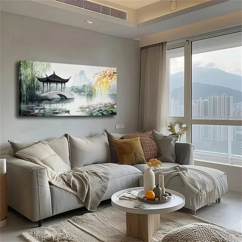 Serene Pavilion Stone Bridge Wall Art Canvas Office Home Room Framed 120x60cm - Bella Home Decor