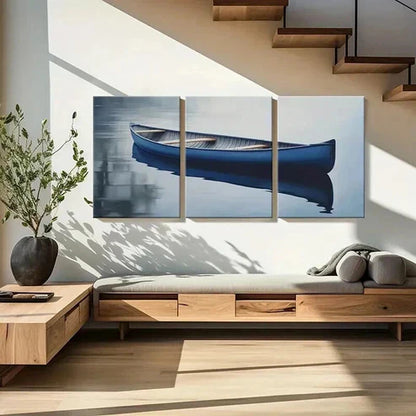 3pcs Serene Blue Canoe Reflections Wall Art Canvas Unframed - High Quality Print 100% Australian Made Wall Canvas