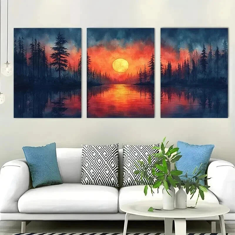 3pcs Vibrant Sunset Lake Sunset Décor Perfect Wall Art Set Canvas Framed 50x70cm - High Quality Print 100% Australian Made Wall Canvas Ready to Hang - Bella Home Decor