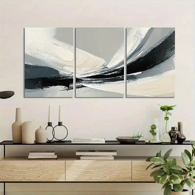 3pcs Abstract Black Gray and White Brushstroke Metal Print Ready to Hang Ar - Bella Home Decor