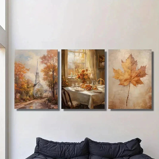 3pcs Vintage Autumn Town Landscape, Metal Print Ready to Hang Art