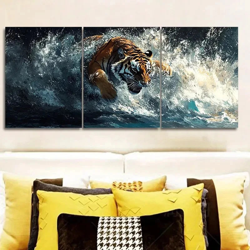 3pcs Tiger in Water Realistic Water Effects A  Wall Art Set Canvas Framed 50x70cm - High Quality Print 100% Australian Made Wall Canvas Ready to Hang