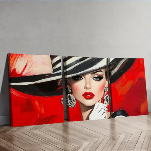3pcs Fashionable woman in black hat Wall Art Canvas Unframed - High Quality Print 100% Australian Made Wall Canvas