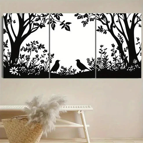 3pcs Forest Birds & Flowers Silhouette Wall Art Set Canvas Unframed - High Quality Print 100% Australian Made Wall Canvas