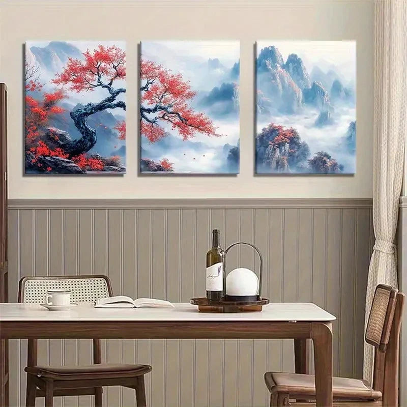 3pcs Red Maple and Misty Mountain Watercolor Metal Print Ready to Hang Art