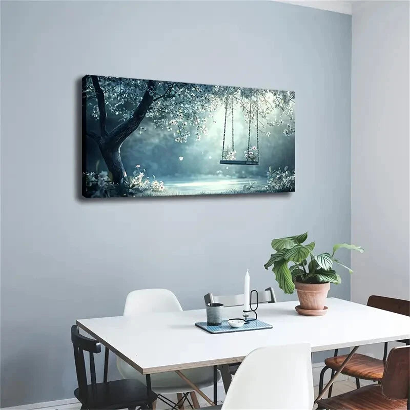 Tree Hangs Wooden Swing Wall Art Canvas Office Home Room Framed 120x60cm