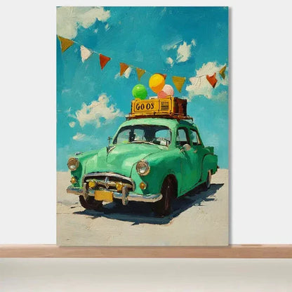 Beautiful Retro Green Car Painting 60x90cm Metal Print Ready to Hang