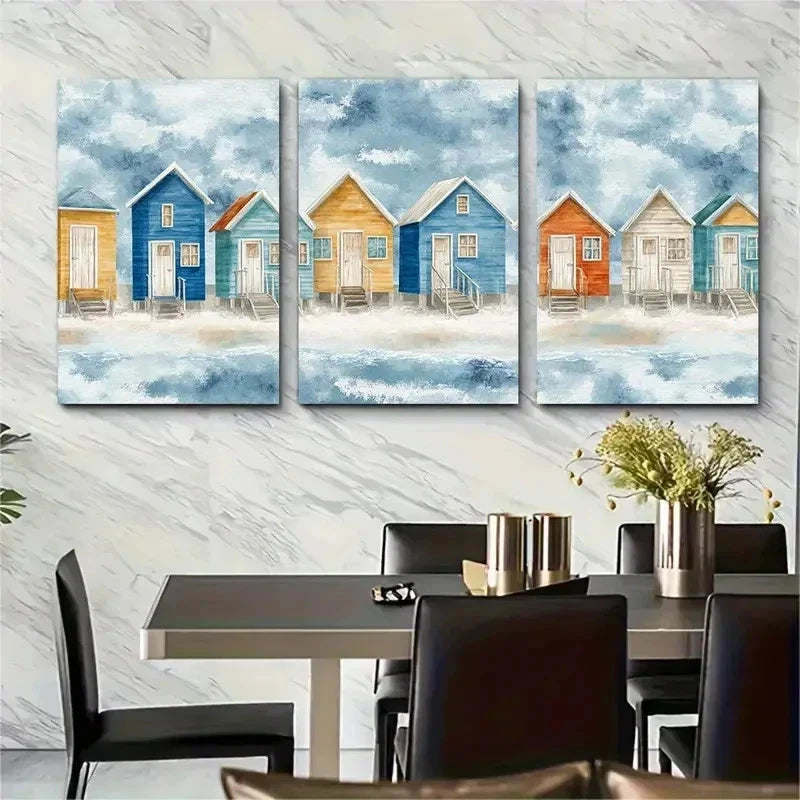 3pcs Beach Cabins Paper Watercolor Sea Perfect Wall Art Set Canvas Framed 50x70cm - High Quality Print 100% Australian Made Wall Canvas Ready to Hang - Bella Home Decor