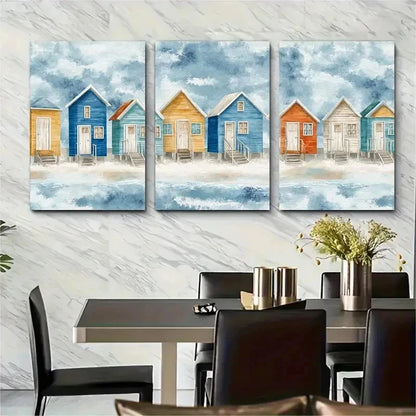 3pcs Beach Cabins Paper Watercolor Sea Perfect Wall Art Set Canvas Framed 50x70cm - High Quality Print 100% Australian Made Wall Canvas Ready to Hang - Bella Home Decor
