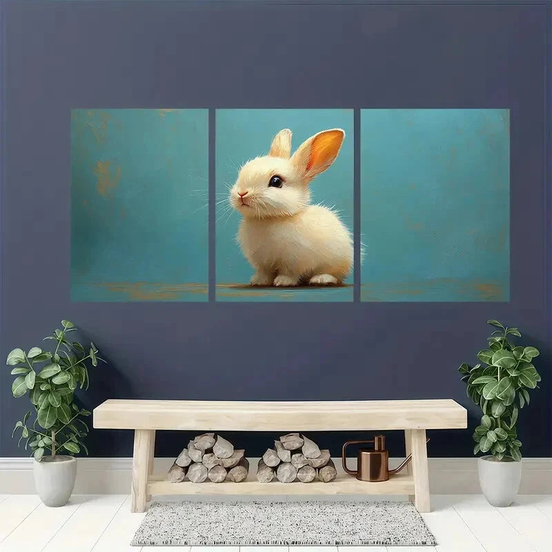 3pcs Adorable White Rabbit Realistic Oil Painting Metal Print Ready to Hang Art - Bella Home Decor