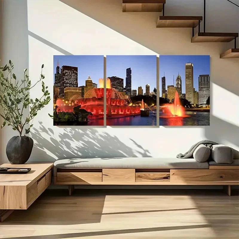 3pcs Chicago Buckingham Fountain Metal Print Ready to Hang Art - Bella Home Decor