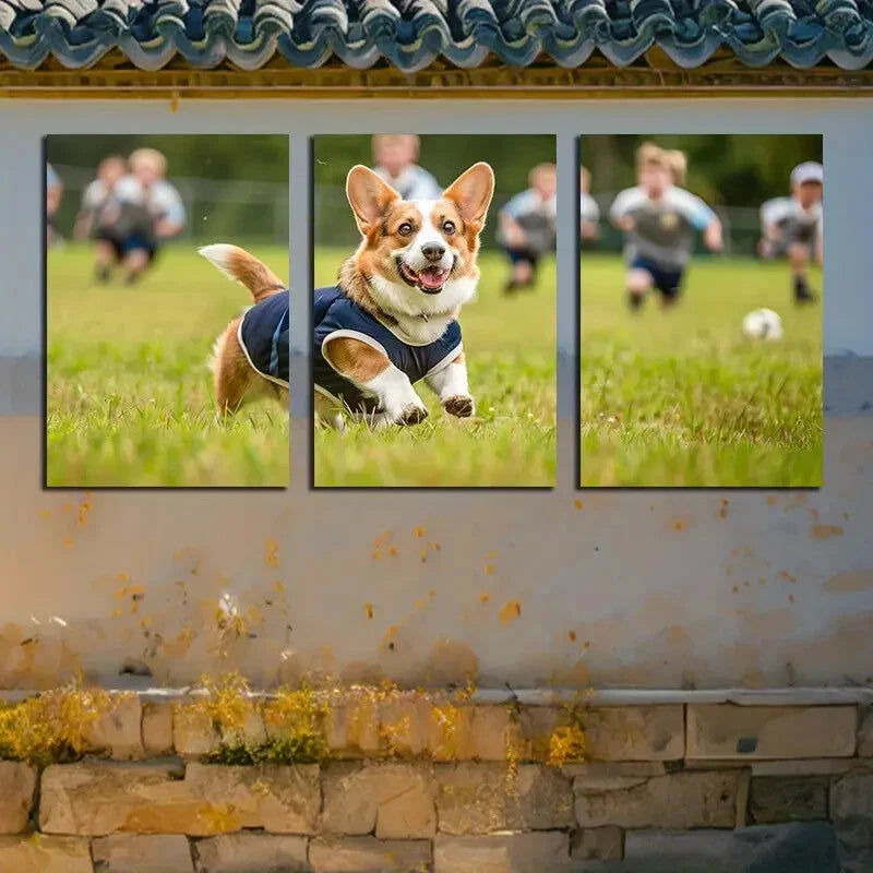 3pcs Dog in School Uniform Playing Football Metal Print Ready to Hang Art - Bella Home Decor