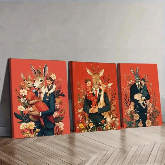 3pcs Mr. Rabbit, With Wife Floral Background Wall Art Set Canvas Framed 50x70cm - High Quality Print 100% Australian Made Wall Canvas Ready to Hang